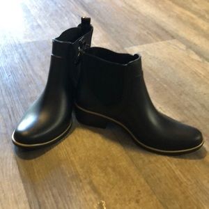 Kate Spade black ankle rain boots with gold detail, 9